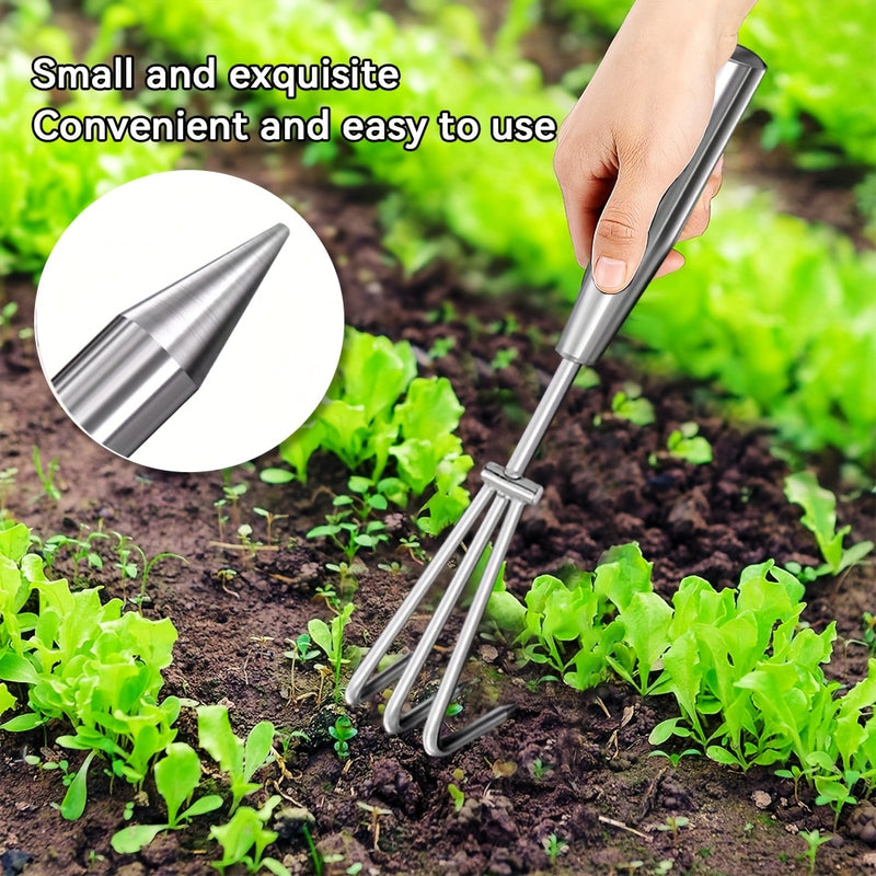 Juego de 3 piezas de pinzas de acero inoxidable reforzado con dientes semiesféricos y mango antideslizante. Incluye rastrillo de playa, herramienta de cuchara para jardinería y suelo duro. Kit de herramientas multiusos duraderas y resistentes a la herrum