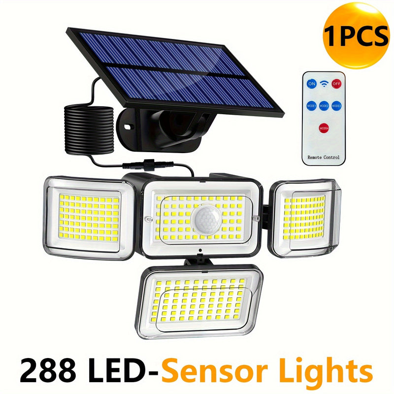 Luz Solar con Sensor de Movimiento y Control Remoto - 288 LED, Farola de Seguridad de 4 Cabezas, Ángulo Amplio de 300°, 3 Modos para Jardín, Patio, Camino, Garaje y Calle - Incluye Cable de 5.03 metros, Luces Solares de Movimiento para Exteriores
