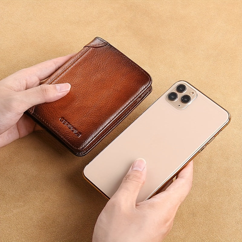 1 pza. billetera de cuero genuino para hombre, delgada, con bloqueo RFID, gran capacidad, múltiples ranuras para tarjetas, compartimentos con cierre, ideal para identificación, tarjetas de crédito, efectivo, regalo perfecto para Navidad, aniversario, cum