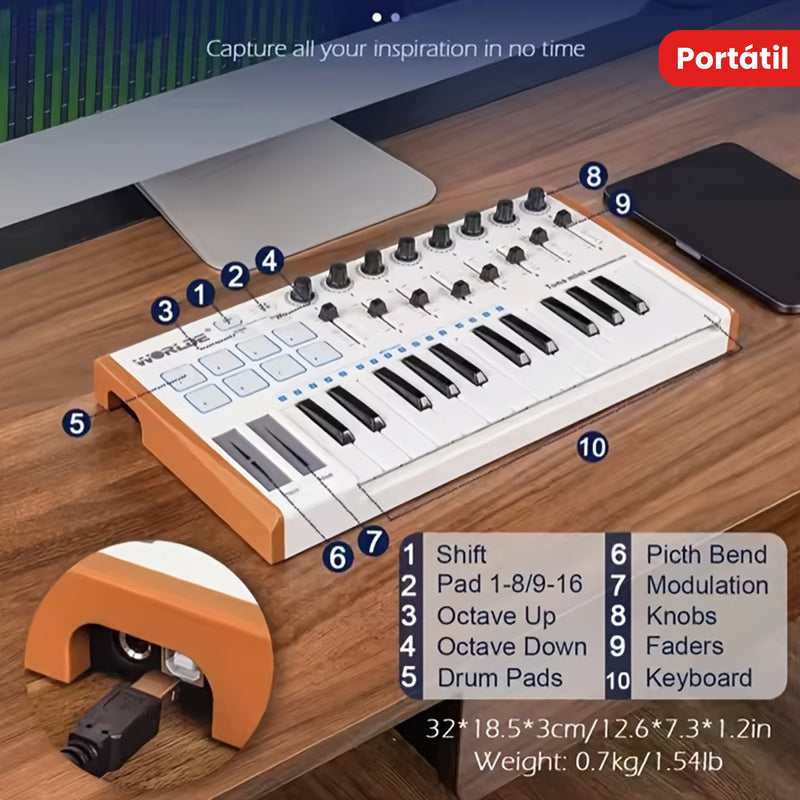 1pc Tuna Mini Teclado MIDI de 25 teclas, alimentado por USB, 8 pads de batería con iluminación RGB, 8 perillas asignables, portátil para producción musical, actuación, composición - Negro