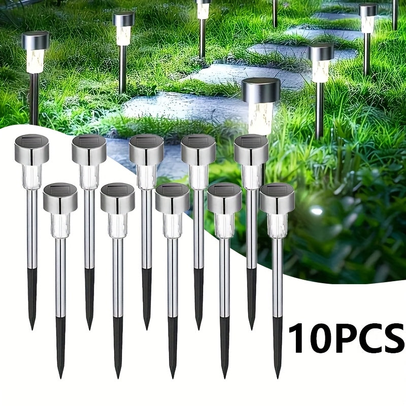 10 piezas de luces LED solares, luces de poste de acero inoxidable para exteriores, adecuadas para patio, césped, camino, terraza, entrada y jardín, decoraciones de fiestas, mejor elección para regalos festivos.