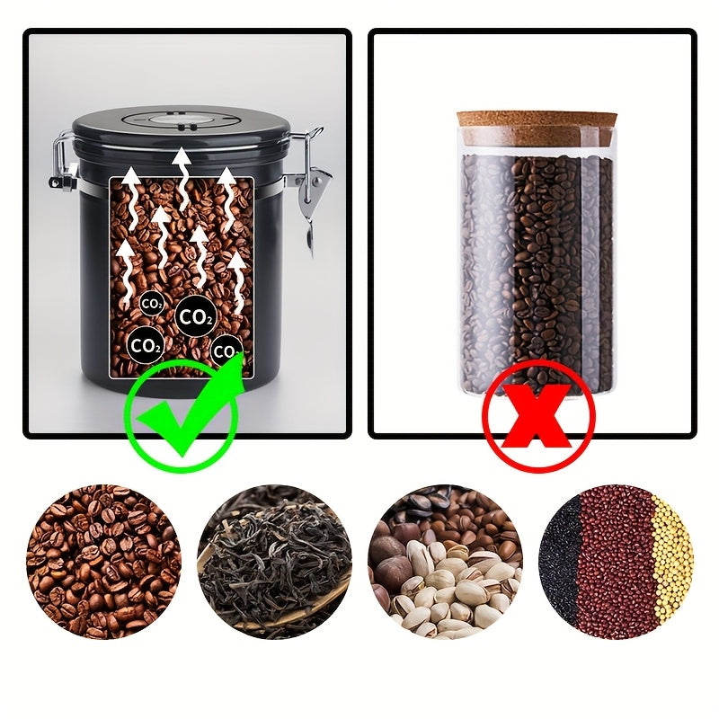 1.5L 304 Tanque Sellado de Acero Inoxidable para Café, Tanque de Almacenamiento de Granos de Café, Tanque de Almacenamiento Sellado con Cubierta de Grano de Madera y Cuchara, Contenedor de Café