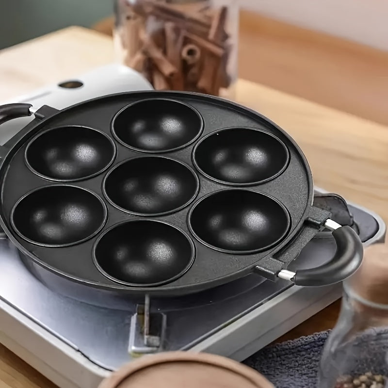 1 pieza, molde de torta de huevo de aleación de aluminio con 7 agujeros, antiadherente, para hacer bolas de pulpo, cocinero versátil, fácil de limpiar, diseño ahorrador de espacio para la cocina y actividades al aire libre, cocinero, forma redonda, molde
