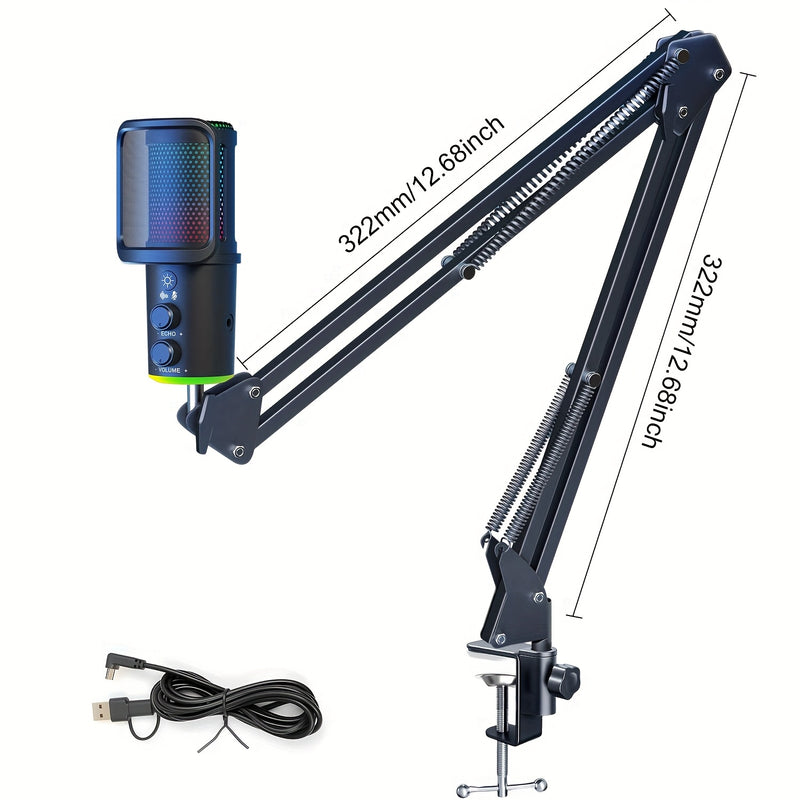 Micrófono de juego RGB RIKSOIN con soporte de boom sólido y flexible, micrófono condensador alimentado por USB para podcasting, transmisión en vivo, juegos - Incluye filtro de pop y botón de silencio, negro, equipo de transmisión en vivo, equipo de audio