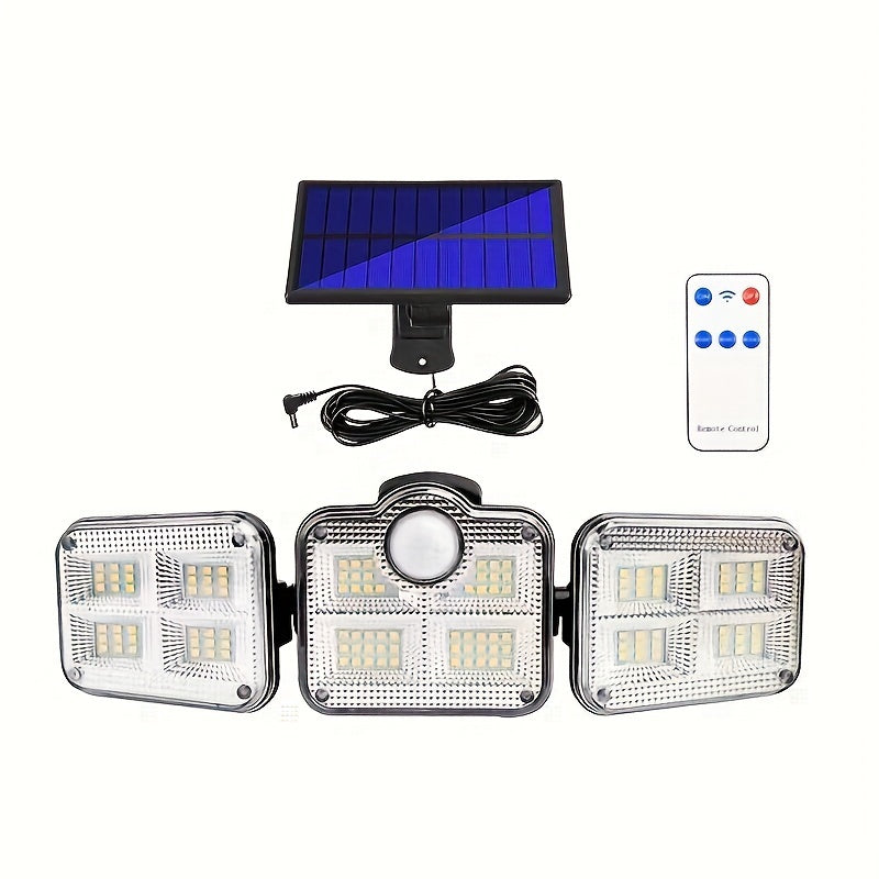 Luz de seguridad solar con sensor de movimiento, 3 cabezales con 122 luces LED ajustables, aplique de pared semirrehundido de plástico, control remoto, alimentado por energía solar con batería de iones de litio de 2400 mAh, panel fotovoltaico no removibl