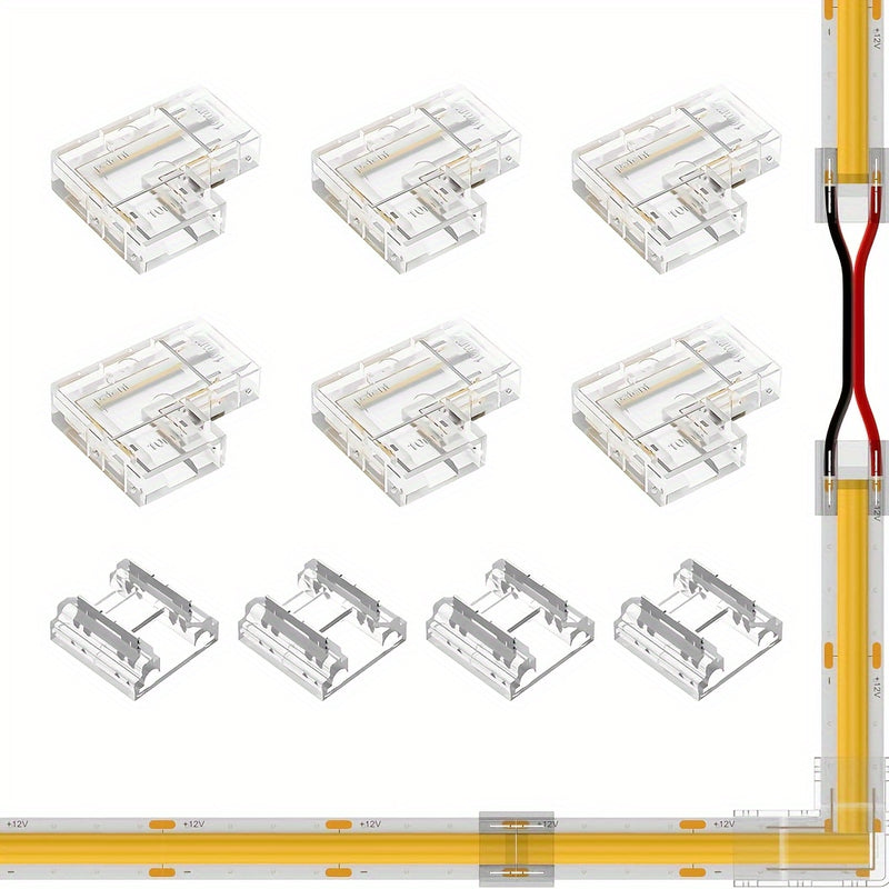 Kit de conectores para tiras LED de 8mm/10mm de ancho, 6 piezas de conectores en L transparentes sin espacio y 4 piezas de conectores de tira a tira para luces LED PWM FCOB CCT