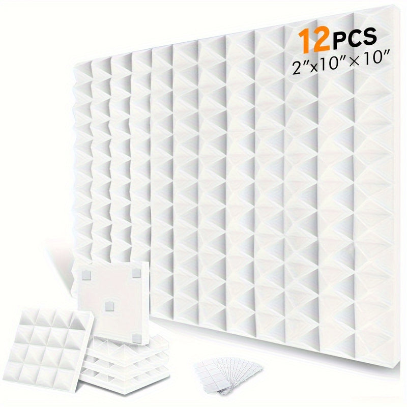12/24pcs Paneles de Espuma Acústica Piramidal OLOBLB - 25.4x25.4x5.08 cm, Espuma Absorbente de Sonido para Estudio en Gris/Blanco/Negro con Cinta de Montaje Incluida - Ideal para Oficina en Casa, Estudios de Grabación y Decoración de Techos
