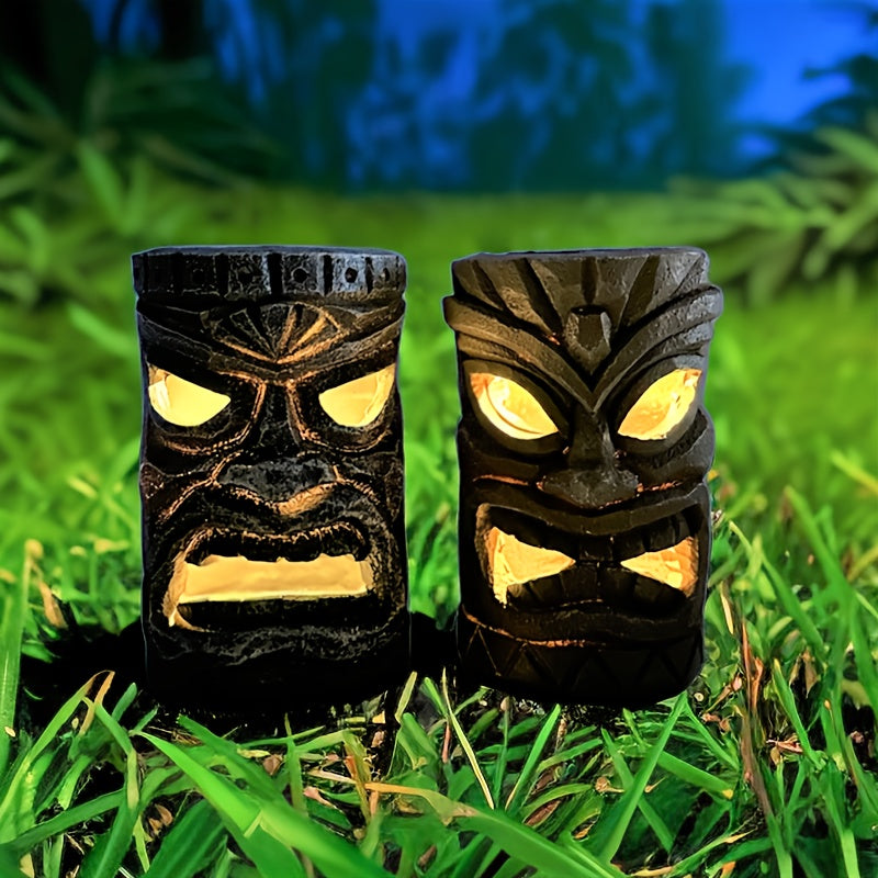 XXOASIS Luz de Estatua Tiki con Energía Solar - Diseño de Tótem Hawaiano con Ojos Luminosos, Decoración de Jardín en Resina Roja y Negra para Césped, Patio, Porche, Estanque y Ocasiones Festivas, Regalo de Iluminación Exterior Recargable, Decoraciones pa