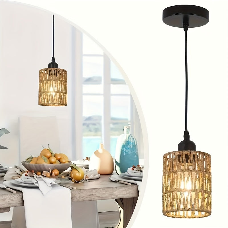 1 lámpara colgante de estilo bohemio - Sombrilla de mimbre tejido a mano, lámpara colgante ajustable de estilo granjero con enchufe E27, ideal para decoración de islas de cocina, comedor, sala de estar, bar y dormitorio, acabado metálico moderno, no incl