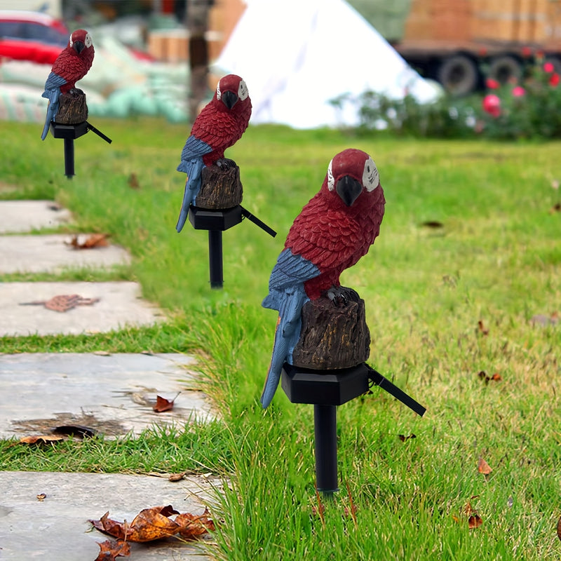 Estatuilla de Loro Solar en Resina con Luz LED para Exteriores - Adorno de Jardín y Paisaje con Estaca para Suelo