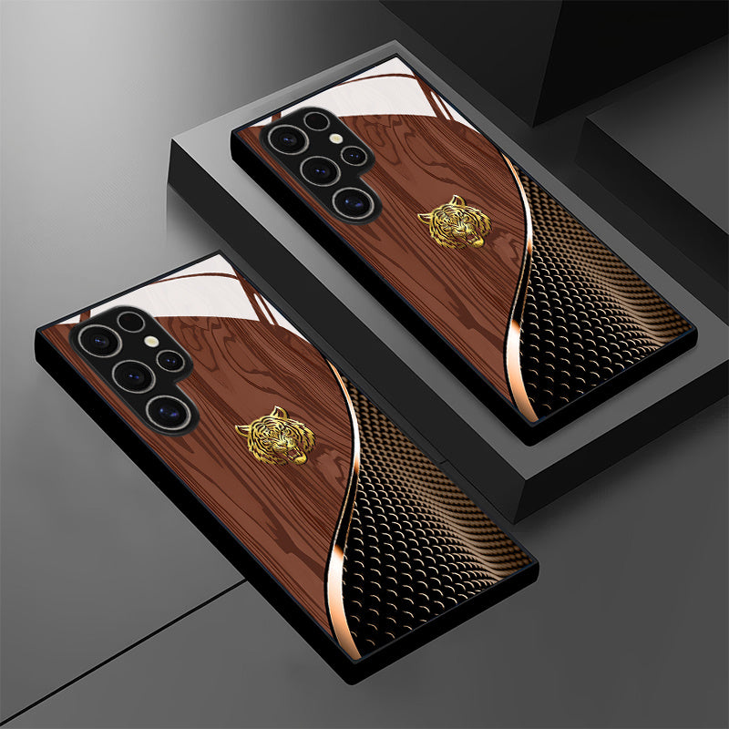 Tigre dorado elegante con patrón de textura marrón, funda de vidrio para teléfono para for samsung para for galaxy S25/S25 Plus/S25 Ultra/S24/S24 FE/S24 Plus/S24 Ultra/S23+/S23 Ultra/S22+/S22 Ultra/S20+/S20 FE/S20 Ultra/A13/A14/A16/A32/A33/A34/A53/A54/A7