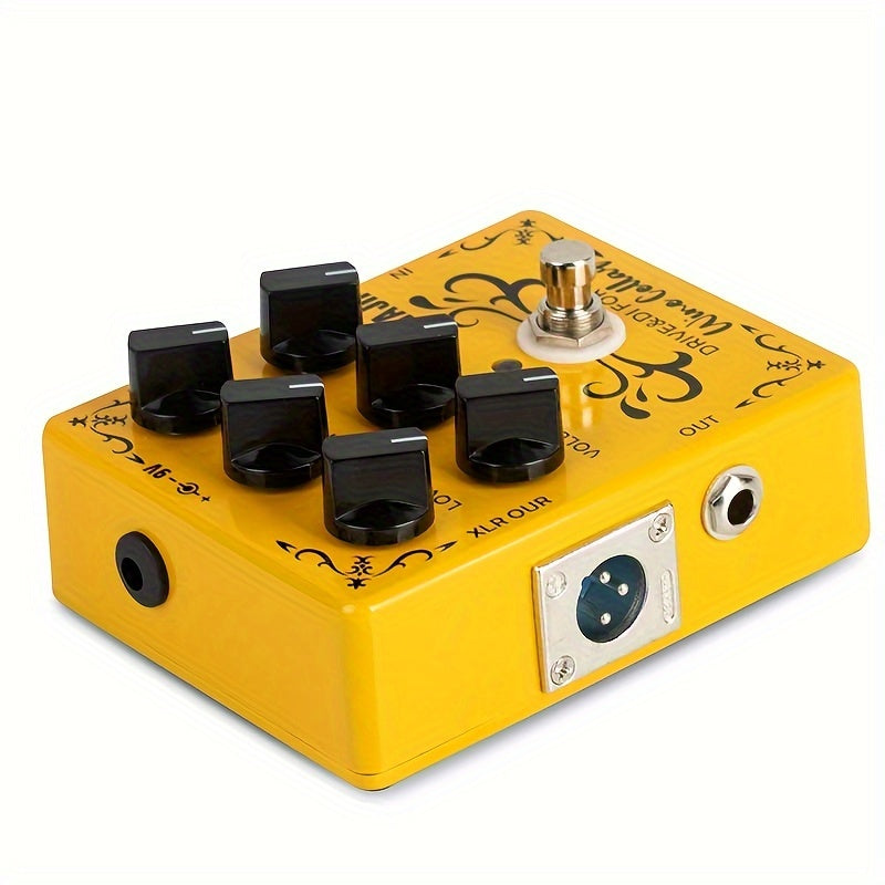 Pedal AHAJII CP-XLR Output Bass Driver DI para Guitarra/Pedal - Efectos True Bypass con Sonido de Amplificador Tubo, Controles Drive/High/Mid/Low, Emulación Analógica de Gabinete - Pedalboard Compacto Amarillo para Bajo y Guitarra Eléctrica, USB (36V), M
