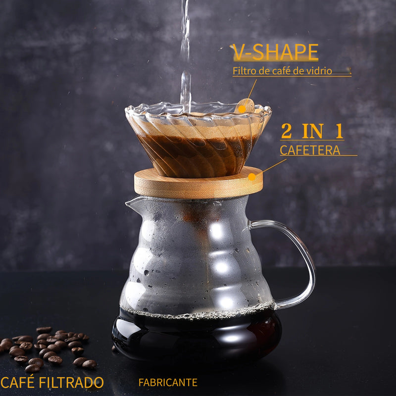 Juego de café artesanal, con espiral de vidrio con rayas diagonales y 20 filtros de papel V60