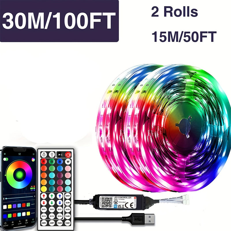 Cinta de luz LED de 100 pies (2 rollos de 50 pies) de HBO con cambio de color sincronizado y control de aplicación, control remoto de 44 teclas, paquete de instalación de cinta de doble cara incluido, perfecto para regalos de Navidad, oficina de vacacion