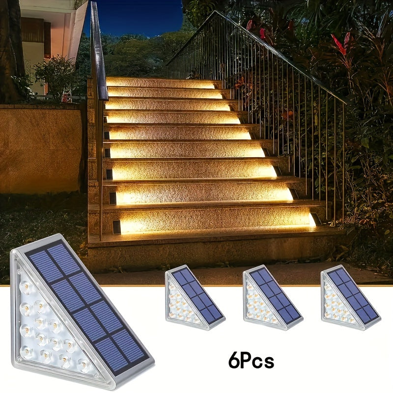 6/12 piezas de luces de escaleras solares LED triángulo, luces de escaleras de barbacoa al aire libre IP44, luces de pared de jardín blanco cálido, fácil instalación, control de interruptor, luces de escaleras de patio, garaje, acera, porche, puerta prin