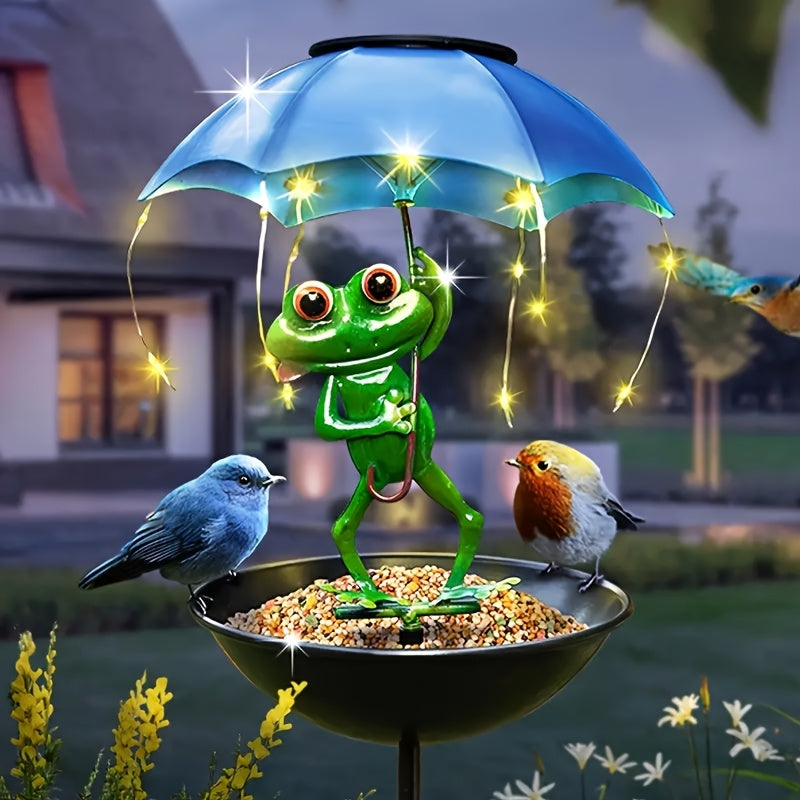 1pc estatua de rana paisajística con lámpara solar para calle, comedero para pájaros al aire libre, decoración de jardín con cadena LED, bebedero para colibríes, adecuado para caminos de patio y céspedes (comida no incluida)