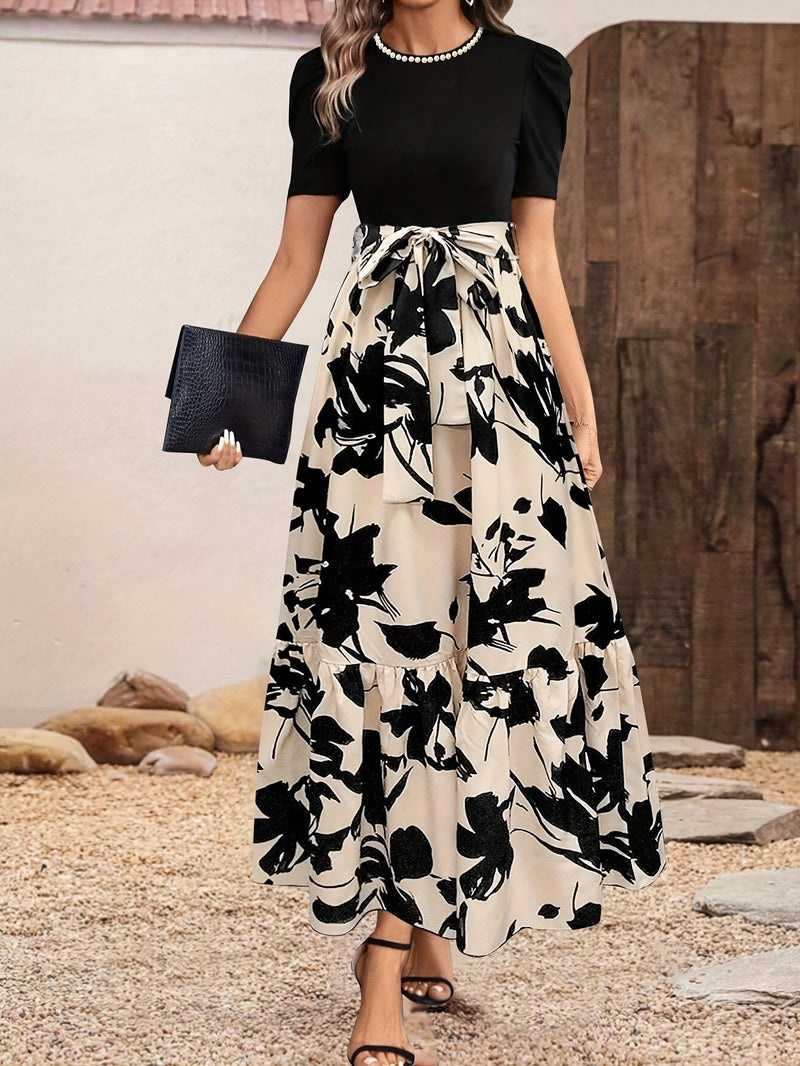 Vestido Elegante con Estampado Floral y Cinturón - Cuello Redondo, Manga Corta, Diseño en A para Mujer - Perfecto para Primavera y Verano