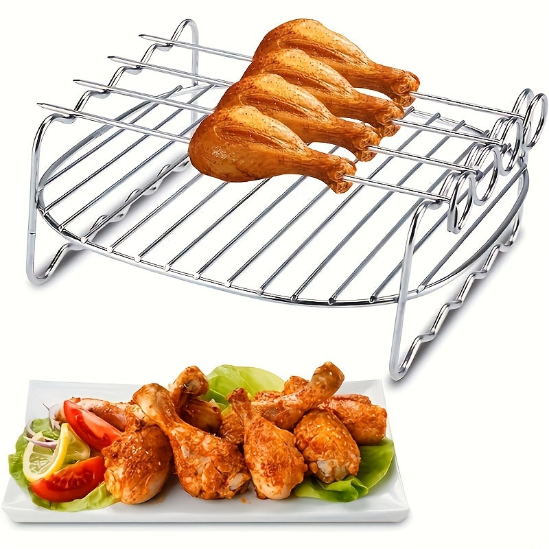 Conjunto de 5, Un conjunto de accesorios para bandeja de freidora de aire de acero inoxidable, bandeja de pinchos de doble capa redonda, compatible con la mayoría de las freidoras de aire, bandeja de parrilla multiusos con pincho para cocinar y apta para
