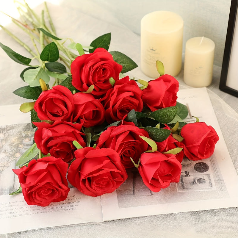 15 rosas artificiales rojas de textura aterciopelada con tallo, perfectas para decoración en San Valentín, Día de la Madre y Navidad | Ideal para decorar hogar, oficina, bodas y fiestas | Regalo romántico sin pilas ni energía requerida | Arreglo floral e