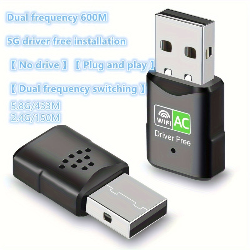 1 pieza, Adaptador inalámbrico USB de doble banda, 600 Mbps, 2,4 G/5,8 G, sin controlador, Plug & Play, sin batería necesaria, compatible con XP/Win7/8/8.1/10/11, ideal para PC y portátiles, conectividad inalámbrica de portátiles | Adaptador sin controla
