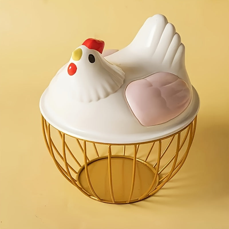 1 cesta de huevos estilo granja, no requiere energía, material duradero de plástico y hierro fundido, diseño blanco de pollo decorativo con pico y patas de colores, ideal para almacenamiento de cocina, soporte de huevos para refrigerador.