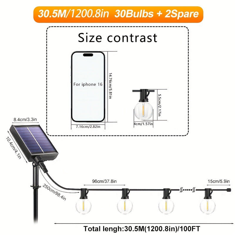 Luzes de cordão de bola de bolha solar 30 luzes + 2 (reservados) Controle remoto infravermelho, decoração de jardim à prova d'água para uso ao ar livre, controle de luz, economia de energia, adequadas para vários cenários, criação de atmosfera romântica