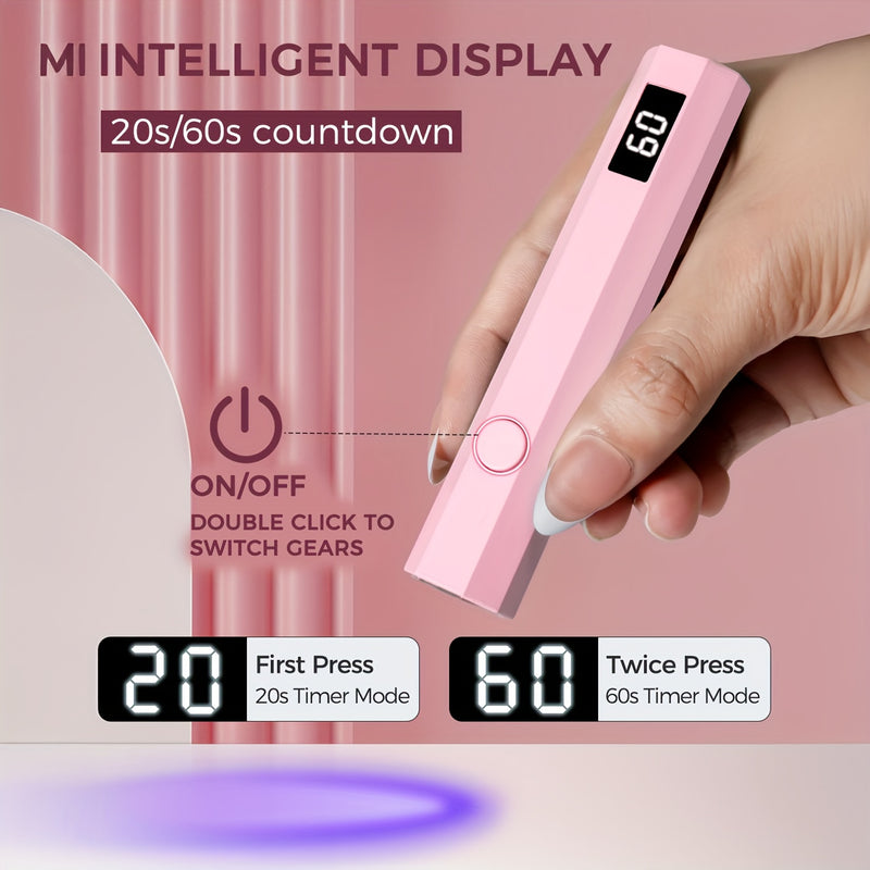Secador de Uñas Portátil con Temporizador Digital - Lámpara LED Rápida para Manicura/Pedicura, Secado Rápido, Batería de Litio y Carga USB (Sin Adaptador Necesario) - Rosa Brillante/Blanco, Herramienta de Belleza Estilosa, Exterior en Plástico Brillante