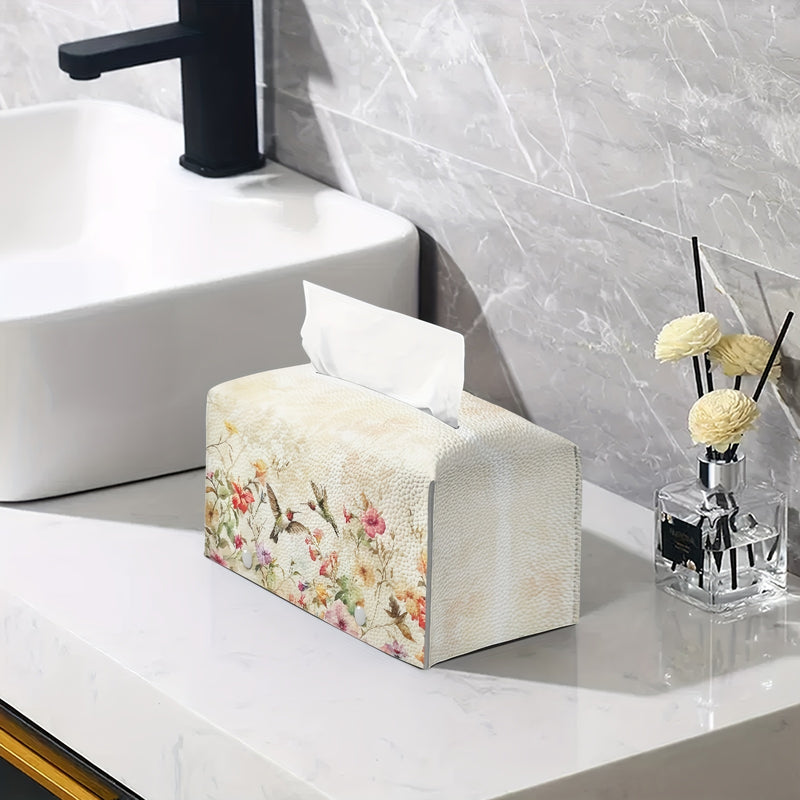 1pc Cubierta de Caja de Pañuelos de Cuero Pu con Cinturón Antideslizante, Estampado Vintage de Flores y Colibrí, Organizador Portátil de Pañuelos, Cubierta Decorativa para Caja de Pañuelos para Sala de Estar, Baño y Oficina