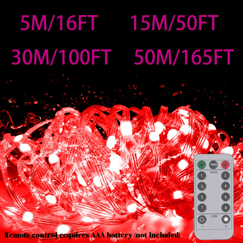 Luces de cadena LED alimentadas por USB con control remoto - Resistente al agua, velocidad de parpadeo ajustable, versátiles para ambiente festivo, decoración de patio y jardín - 4.88/15.24/30.48/50.29 metros Luces de hada de Navidad rojas