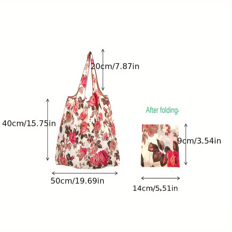 1 Bolsa de Compras Grande con Estampado Floral de Nailon - Duradera, Lavable, Plegable con Bordes Marrones, Bolso de Supermercado Reutilizable Adecuado para Compras de Alta Calidad