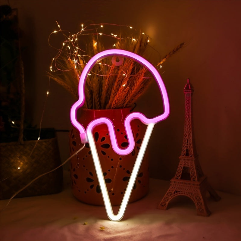 1 pieza de luz de helado de nieve rosa, alimentada por USB o batería, serie de enfriamiento de verano, decoración del hogar, ideal para camión de comida, restaurante, luz nocturna de habitación, decoración de fiesta (batería no incluida), colgante de par