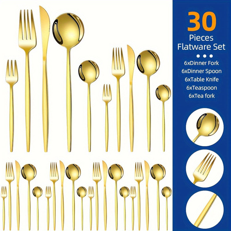 30 piezas de cubertería de acero inoxidable dorado - Cubertería elegante para fiestas, bodas, cumpleaños, cocina, hotel - Incluye cuchillos, tenedores, cucharas, cucharas de postre - Ideal para Navidad, Halloween, Pascua, Acción de Gracias, Graduación