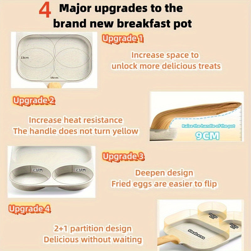 Sartén Antiadherente de Aluminio GUANHUANG para Tortitas y Huevos con Mango de Madera - Diseño de 2 Secciones para Desayunos Perfectos, Compatible con Estufas de Gas e Inducción, Ideal para Huevos, Hamburguesas y Filetes