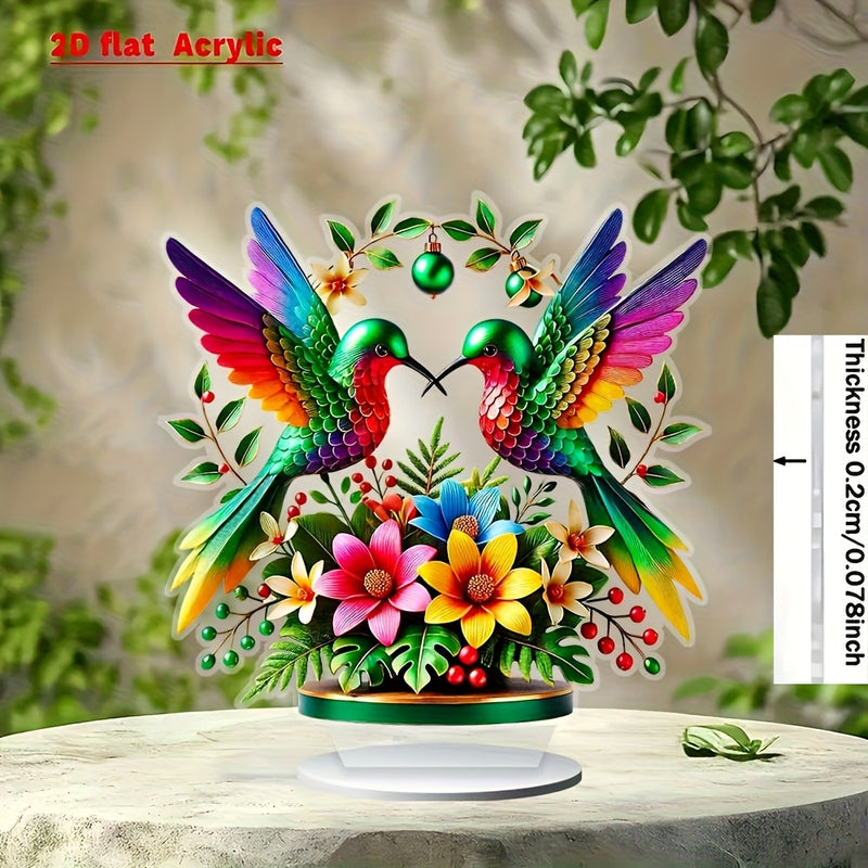 Decoración de Mesa Acrílica Plana en 2D, 1 pieza con Colibrí y Flores Vibrantes - Arte Impreso Manual en 2D, Centro de Escritorio para Oficina o Hogar sin Electricidad, Regalo Único de Navidad para Amantes de la Naturaleza, Decoración de Pájaros, 2D Plano