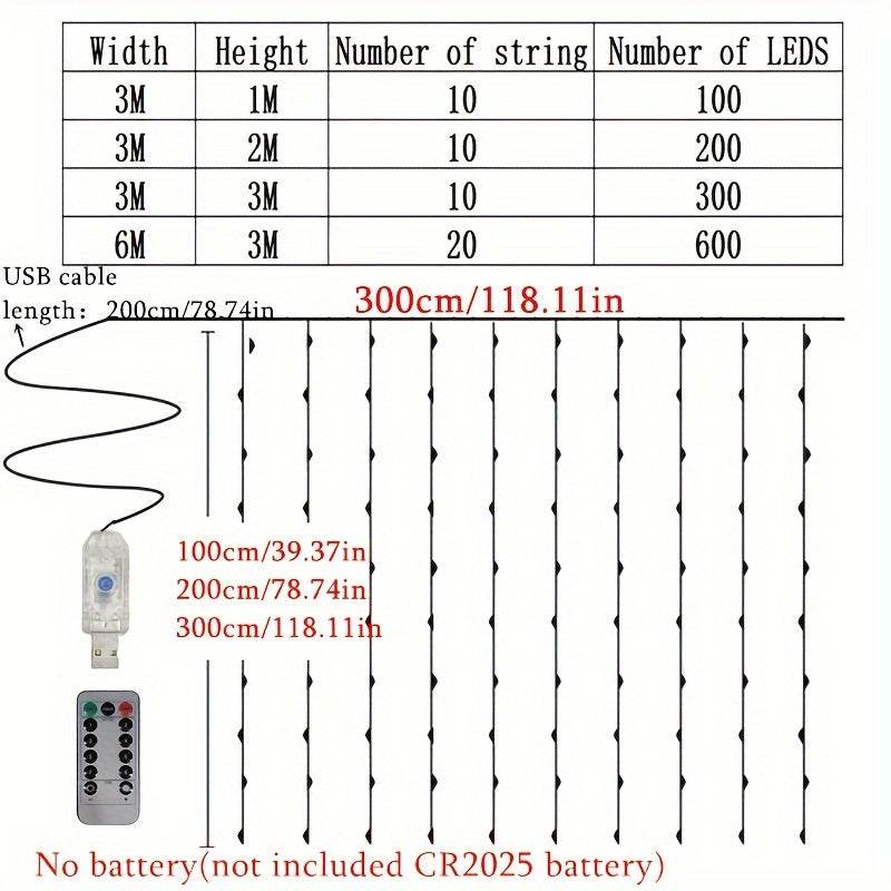 100/200/300/600 LED Luces de cuerda contemporáneas alimentadas por USB, Cortina de luces multicolor/blanco para interior/exterior, Navidad, boda, fiesta, cumpleaños, decoraciones de vacaciones, Sin plumas, ≤36V