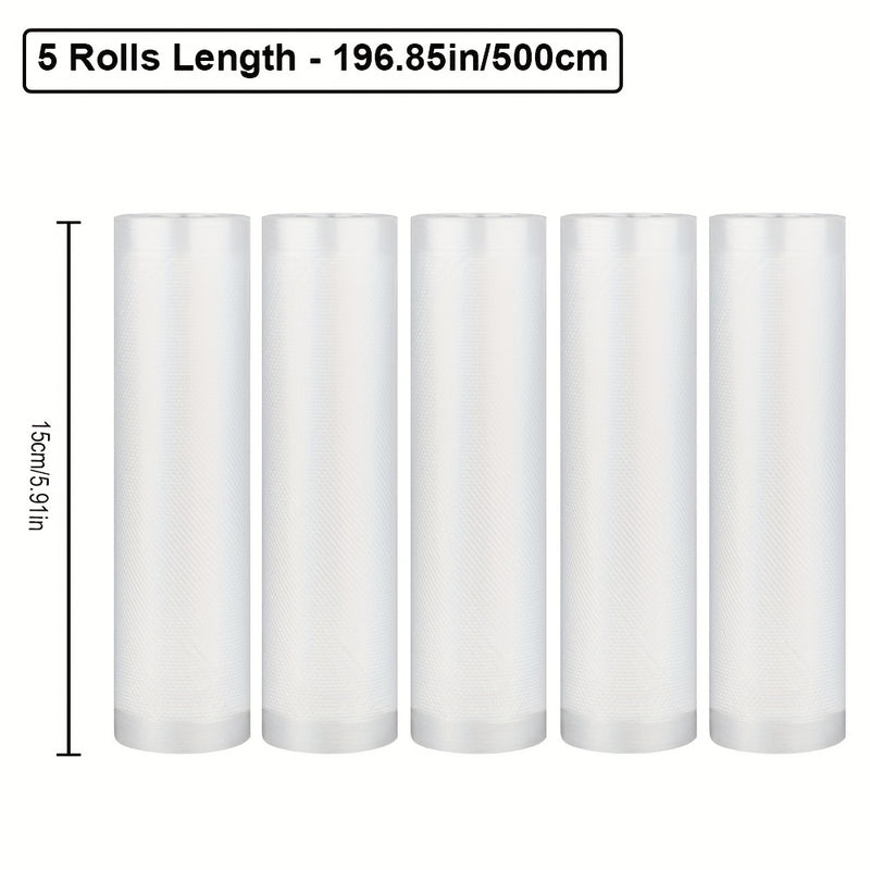 5-Pack 5.0 metros Bolsas de sellado al vacío sin BPA, Material PE+PA, Uso único, Compatible con la mayoría de los selladores para almacenamiento de alimentos, conservación de frescura, cocción a baja temperatura, preparación de comidas, compra en mayor -