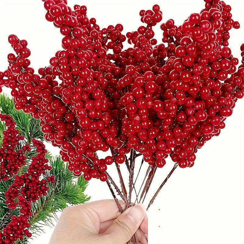 10 tallos de bayas artificiales rojas vibrantes - Ideal para decoración de árbol de Navidad y fiestas, no requiere energía