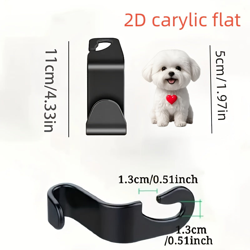 2 piezas - Ganchos de asiento de coche 2D de perro blanco lindo, ganchos de almacenamiento oculto integrados en el asiento trasero, accesorios de asiento de coche, cesta de flores, multifuncionales