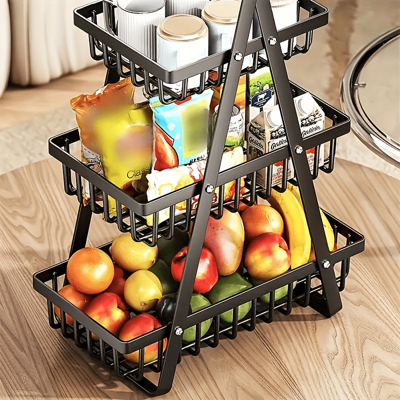 Cesta de frutas de hierro de 3 niveles moderna - Organizador de cocina negro elegante con mango de madera, perfecto para exhibir frutas, verduras y panes, solución de almacenamiento de cocina | Elegante cocina | Cocina duradera