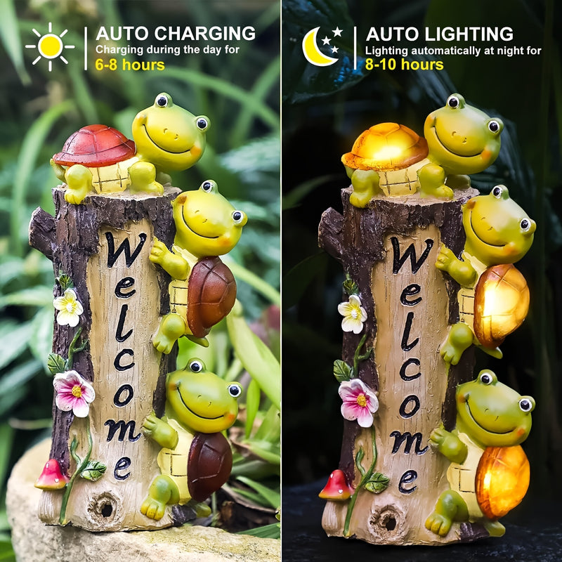 Estatuas solares para jardín, lindas tortugas con cara de rana y luces solares - Decoración divertida para jardines, patios y exteriores
