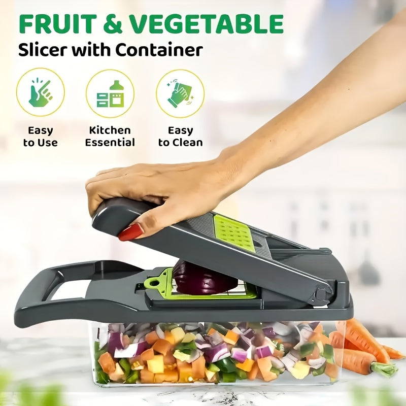 Juego de picadora de verduras 16 en 1 | 8 cuchillas, contenedor, pelador y filtro | Preparación fácil de comidas, cebolla profesional, zanahoria y picadora de ajo, suministros de cocina