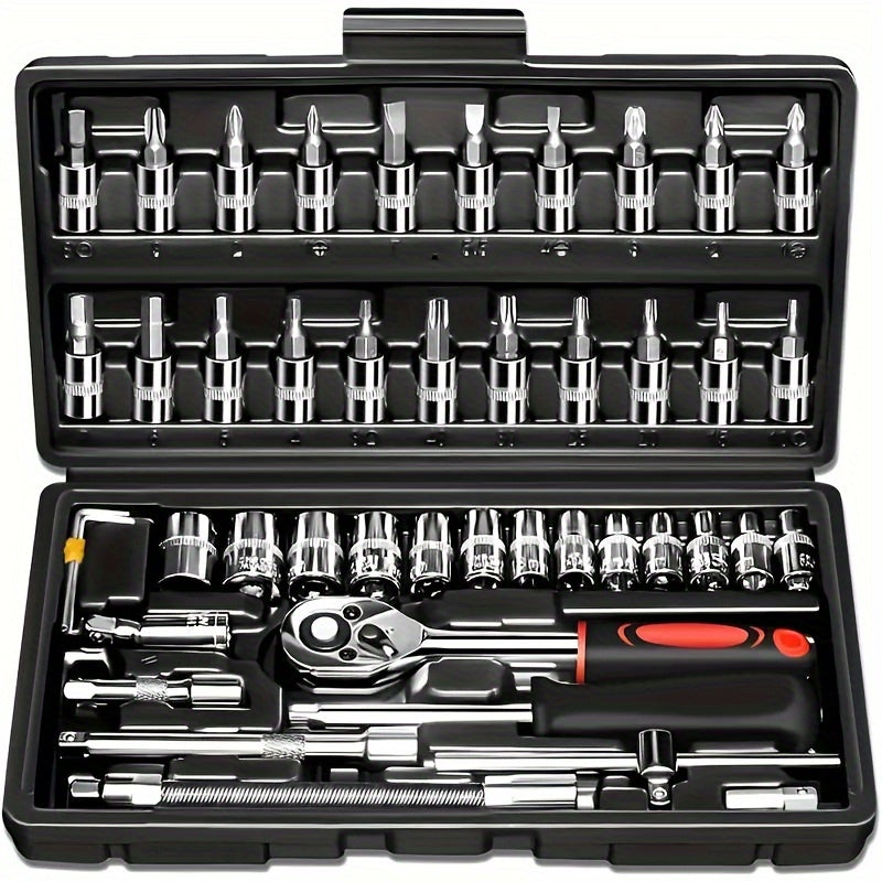 Juego de herramientas de reparación mecánica automotriz de 46 piezas, multifuncional con enchufe, llave y juego de ratchets, estructura metálica duradera con caja de herramientas y caja de almacenamiento.