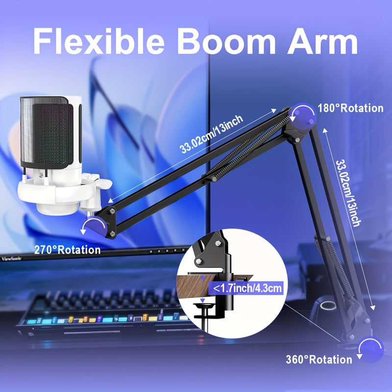Micrófono condensador USB para gaming con brazo ajustable, compatible con PC/computadora/PS4&PS5/tableta, plug and play, silencio con toque, luz RGB degradé, control de volumen y ganancia, monitoreo en tiempo real, cancelación de ruido, ideal para stream