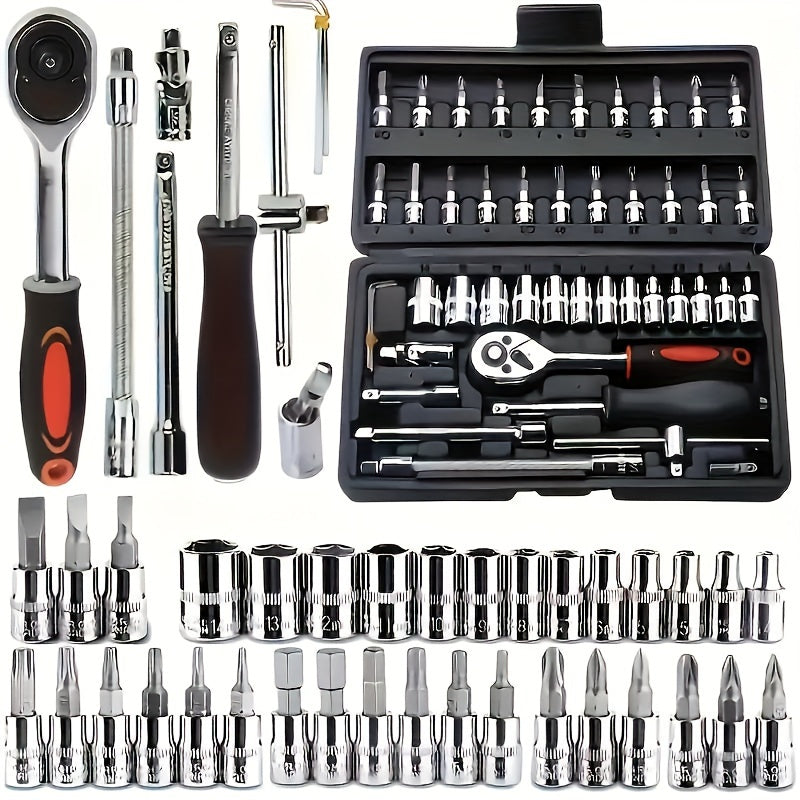 Juego de herramientas de reparación mecánica automotriz de 46 piezas, multifuncional con enchufe, llave y juego de ratchets, estructura metálica duradera con caja de herramientas y caja de almacenamiento.