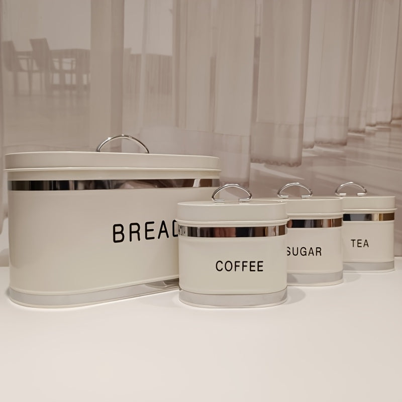 Juego de 4 Piezas Recipiente Hermético para Almacenar Pan, Café y Té en Tarro Metálico con Tapón de Acero