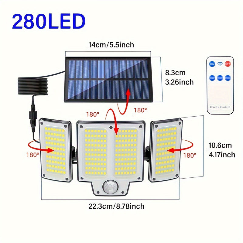 Luces Solares Exteriores de 280 LED con Sensor de Movimiento, Luces Solares IP44 con Control Remoto, 3 Modos, Reflectora Solar de 3 Cabezas para Patio, Garaje, Porche, Jardín