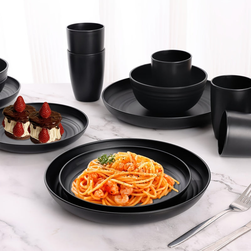 Juego de vajilla familiar premium para exteriores - 16 piezas irrompibles, aptas para microondas y lavavajillas, set negro con 8 platos, 4 tazones y 4 tazas