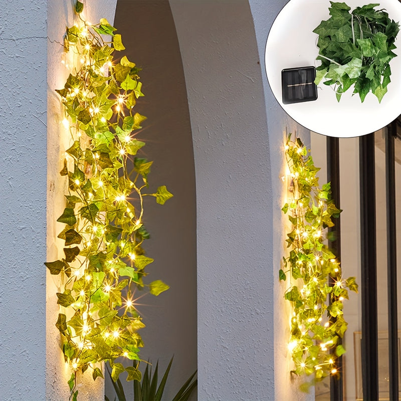 1 juego de luces solares en forma de hiedra, luces artificiales de enredadera, guirnalda de luces de hadas, luces de enredadera con hojas verdes, para decoración de bodas, fiestas, dormitorios (incluye batería solar)