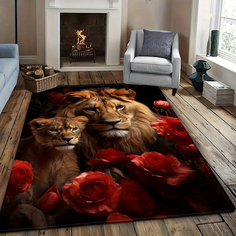 Tapete cuadrado con diseño de pareja de rosa y león romántico - Felpa suave, resistente al desgaste, decoración para dormitorio y sala de estar
