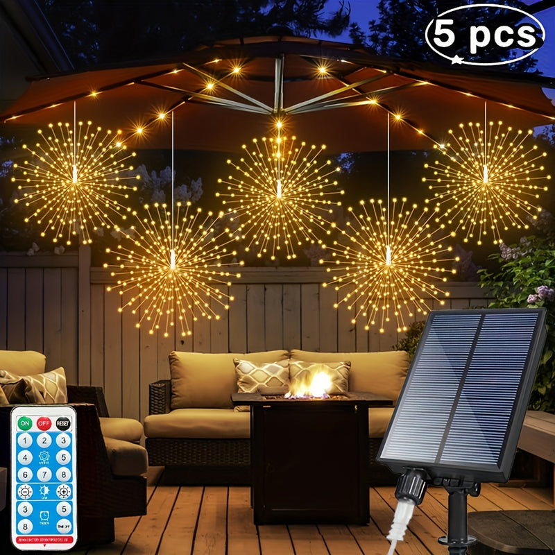 5 piezas de luces de bola de estrella solar de 480 LED, control remoto con temporizador, 8 modos de luces de hadas ajustables, luces de fuegos artificiales de cable de cobre, para fiesta de patio, tienda de Navidad, batería de níquel puro de cobre IPX4